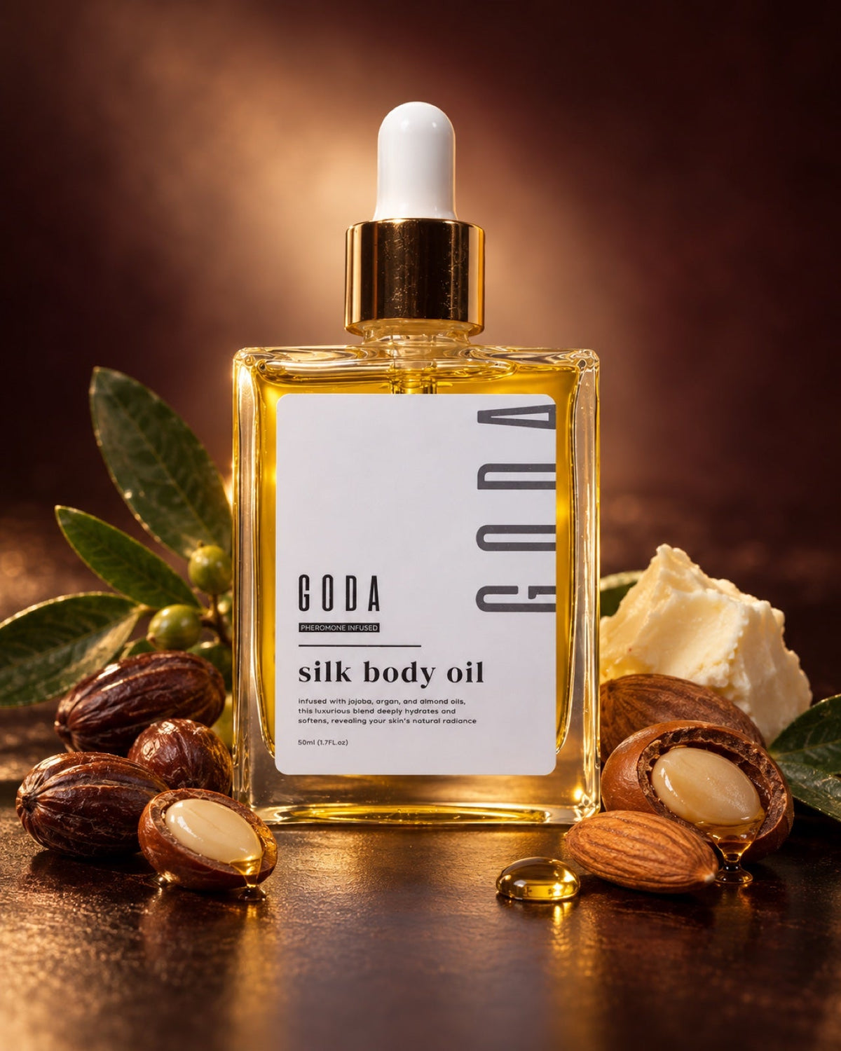 GODA Silk Body Oil junto a ingredientes cosméticos