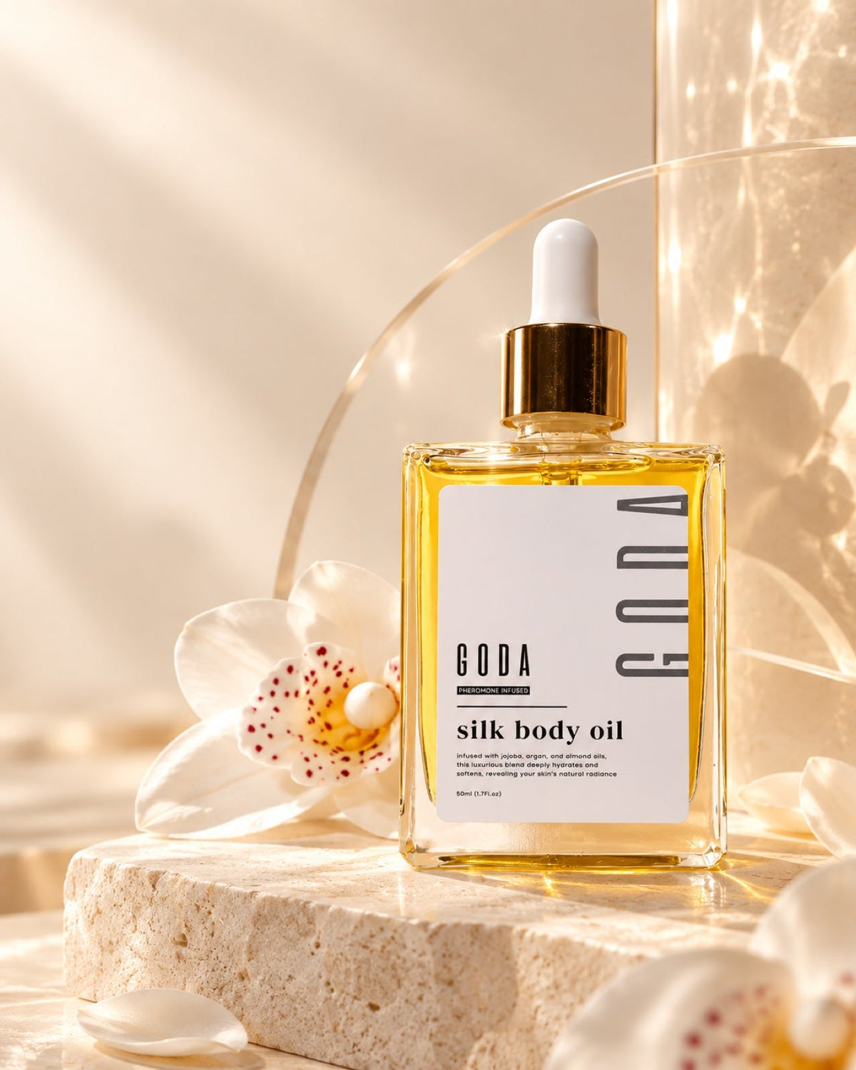 GODA Silk Body Oil en escena editorial marfil