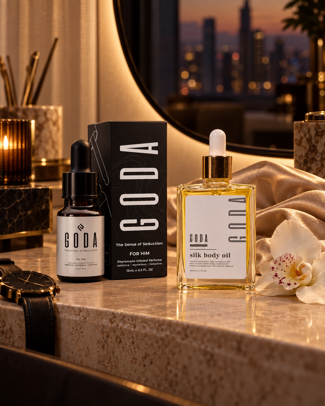 Kit GODA His & Her sobre tocador nocturno con Silk Body Oil y perfume For Him